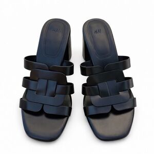 NWOT H&M Black Woven Slide Sandals Block Heel EU39 US8 Hermes Style
